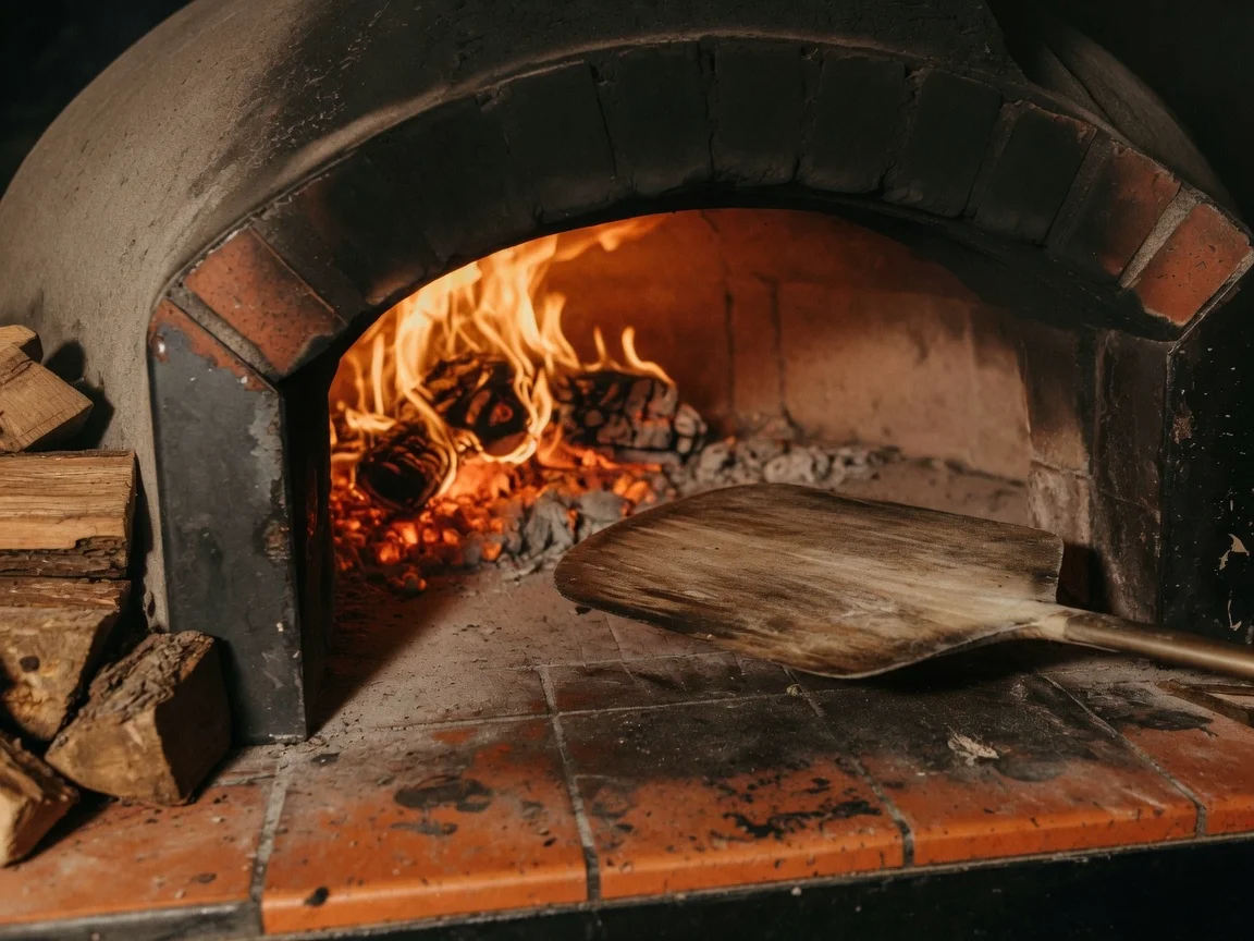Empty hardwood oven, peel in the mouth