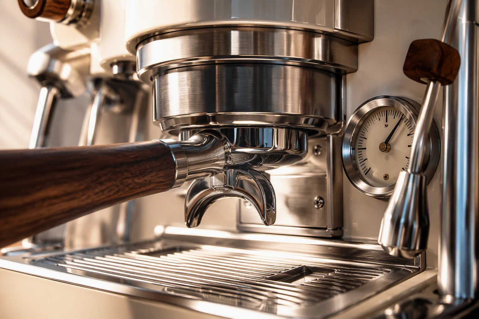 Espresso machine group head macro