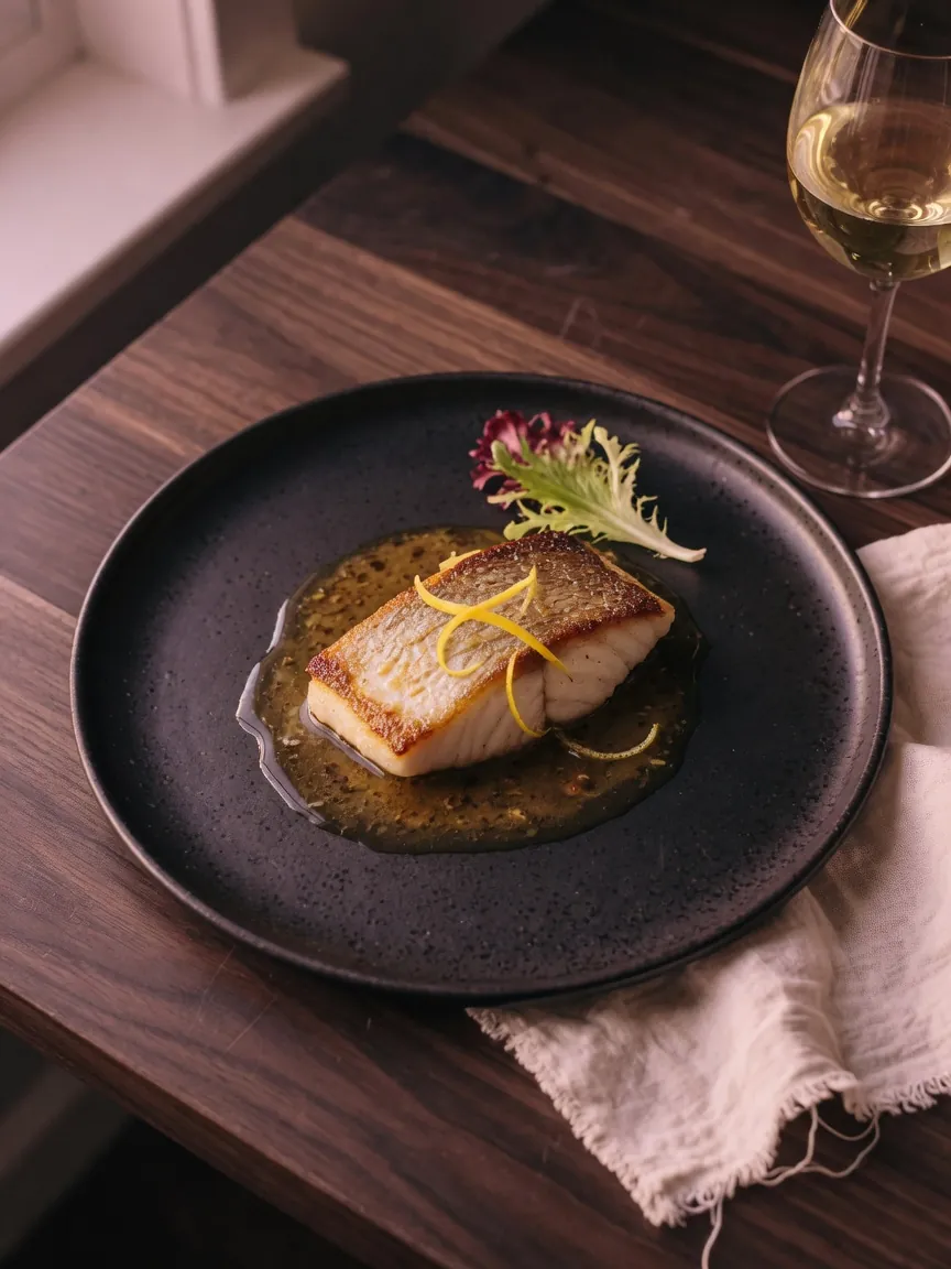 Seared fish in brown butter with lemon zest and a glass of white wine