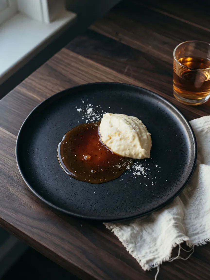 Burnt honey and cultured cream on dark stoneware with a glass of madeira