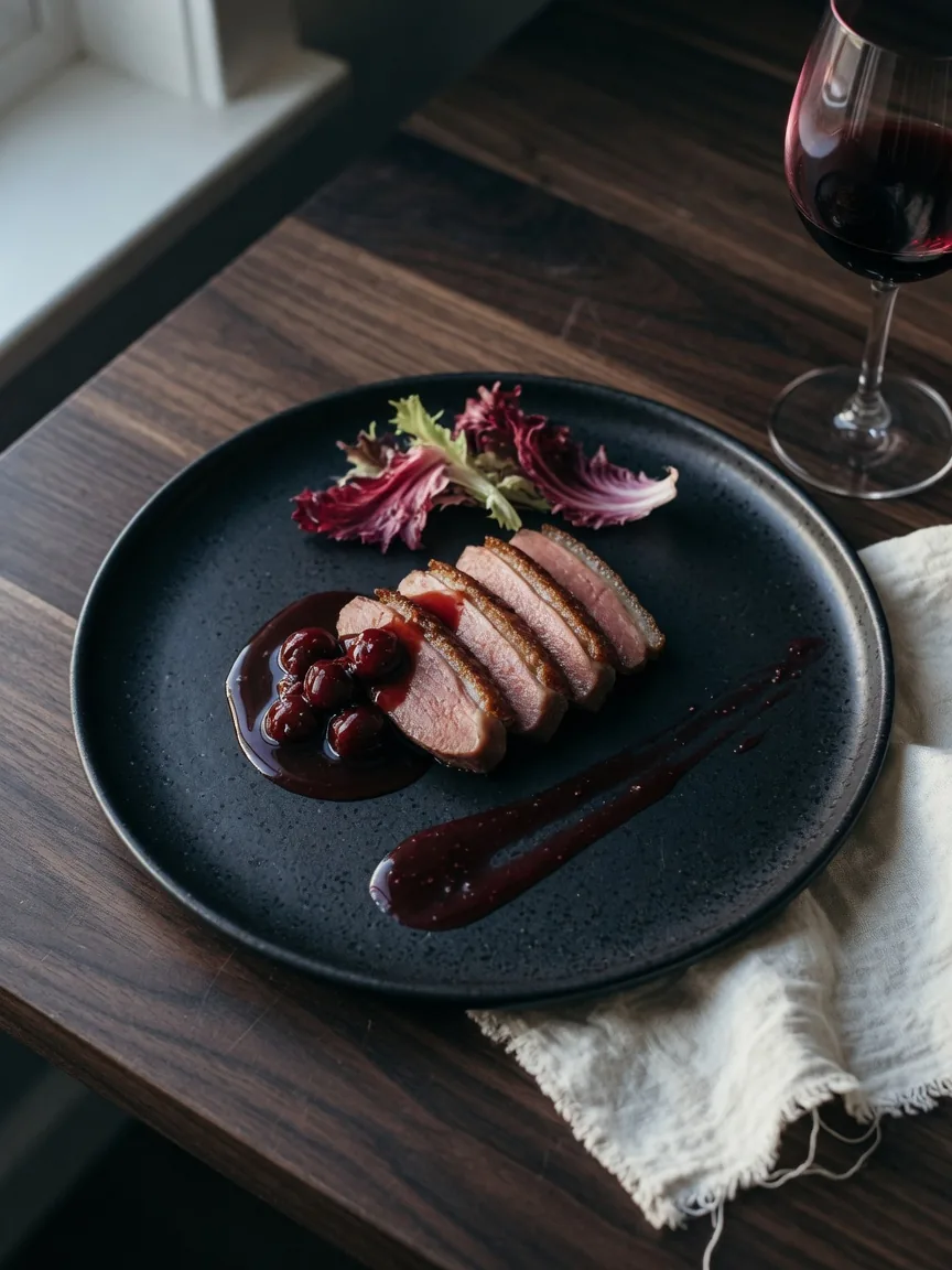 Sliced duck on dark stoneware with cherries and a glass of red wine
