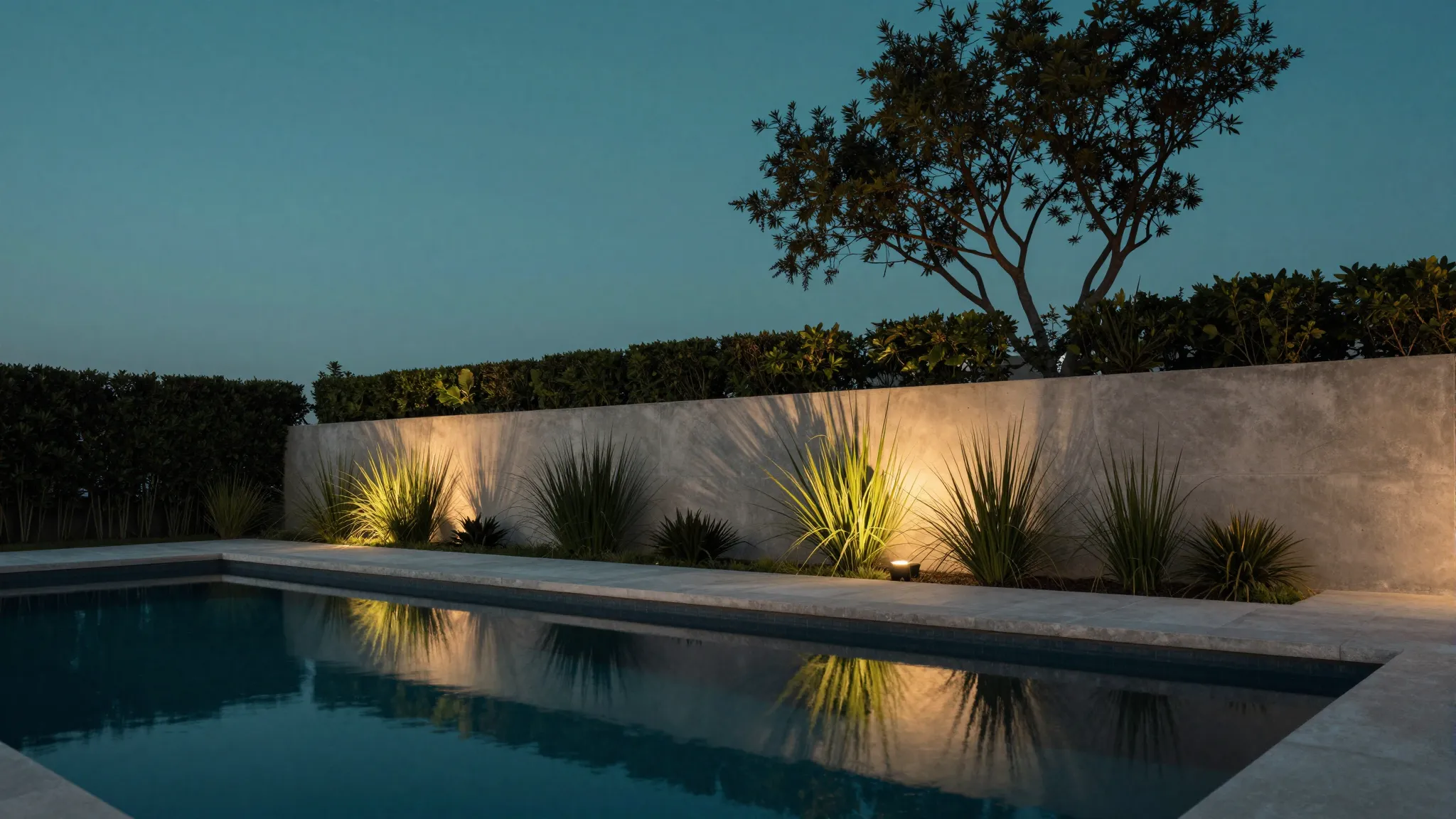 Dusk pool terrace with board-formed concrete wall, uplit ornamental grasses and still water