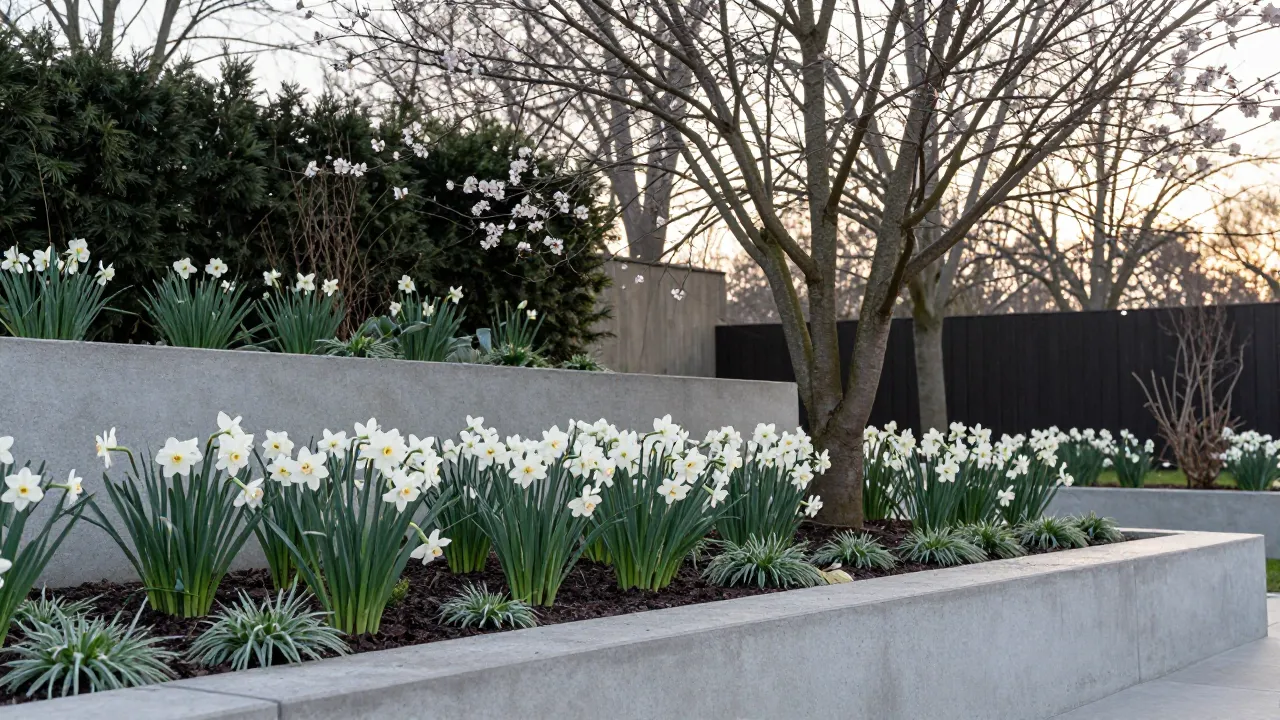 Spring bed with drifts of white narcissus against concrete