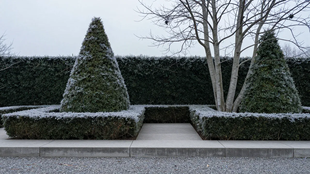 Frosted clipped topiary and birch stems in winter